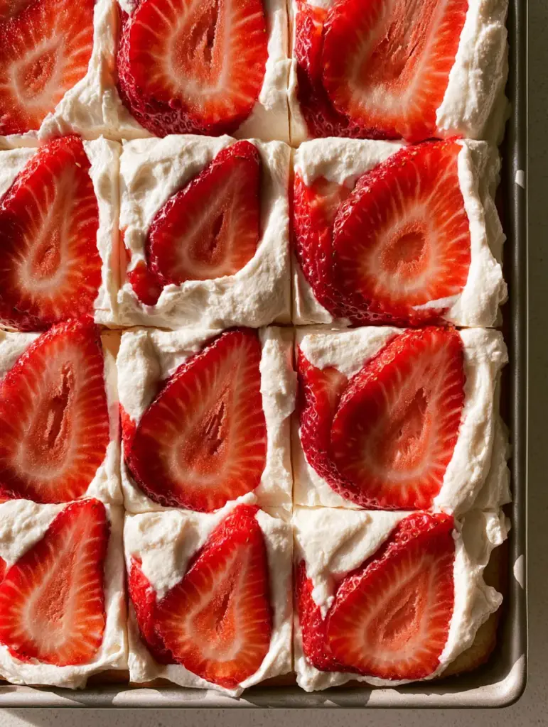 A side view of a Strawberry Shortcake Sheet Cake in a metal pan, cut into neat square portions under natural light.