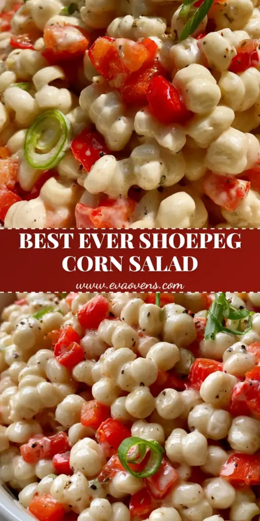 Shoepeg Corn Salad: The Best Creamy & Crunchy Summer Side Recipe 4 A top-down view of a white ceramic bowl filled with Shoepeg Corn Salad, showing white corn kernels, red peppers, and green onions.