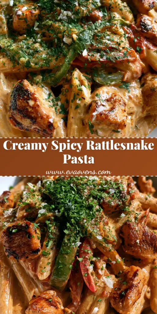 A shallow ceramic bowl filled with Rattlesnake Pasta featuring penne, seared chicken, and red and green peppers in a pale orange cream sauce.