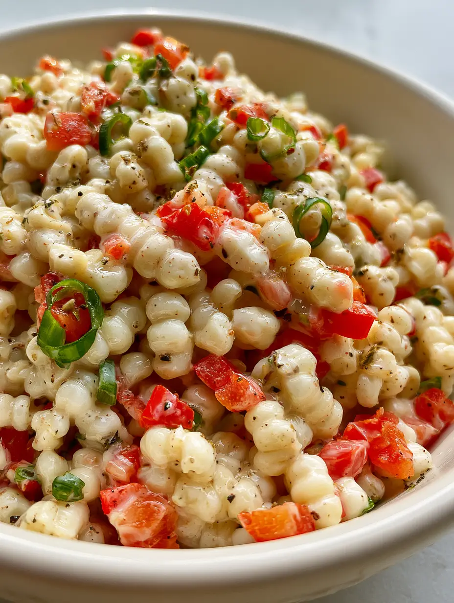 Shoepeg Corn Salad: The Best Creamy & Crunchy Summer Side Recipe 3 Close-up handheld photo of Shoepeg Corn Salad in a white ceramic bowl showing glossy kernels and cracked black pepper.