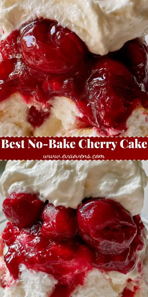 A tall, clear glass dish showing the distinct layers of a Heaven On Earth Cake with cake cubes, vanilla pudding, red cherries, and whipped topping.