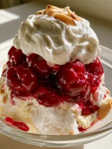 Close up handheld photo of a scoop of Heaven On Earth Cake in a glass dish showing moist angel food cake and creamy layers.