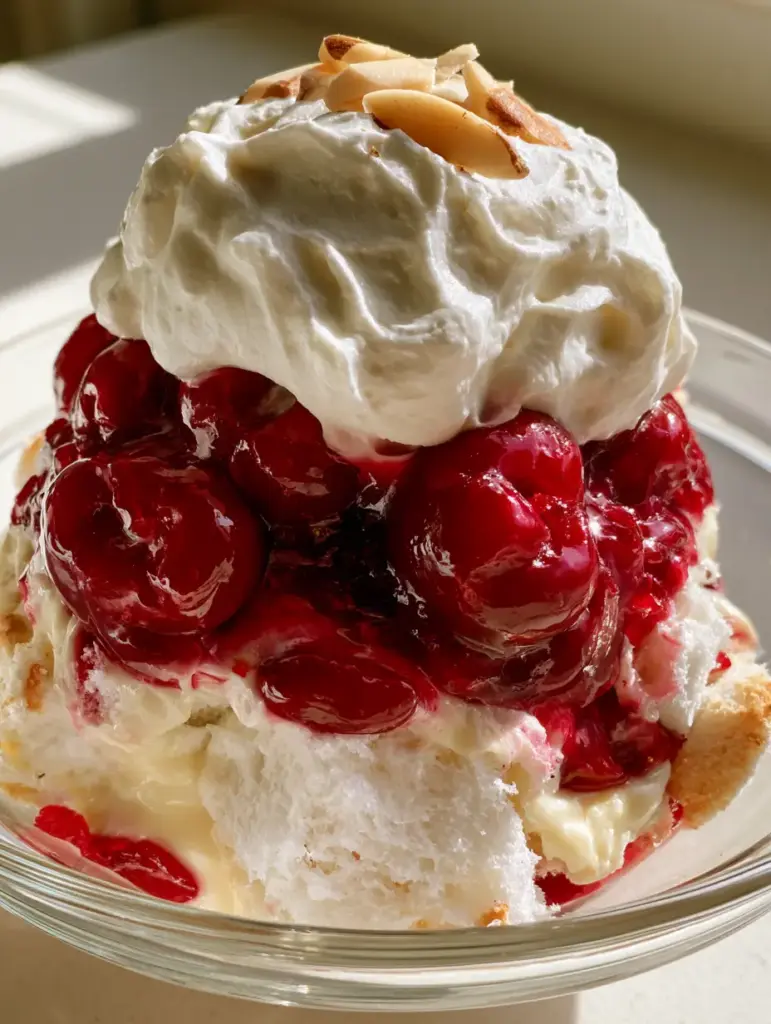 Close up handheld photo of a scoop of Heaven On Earth Cake in a glass dish showing moist angel food cake and creamy layers.