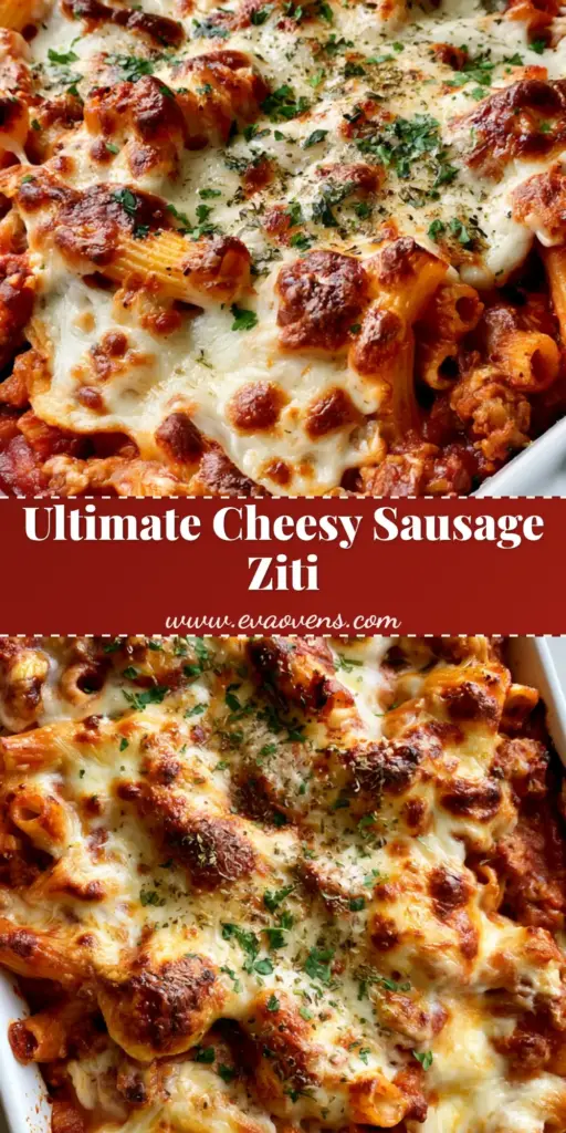 A close-up vertical shot of Baked Ziti with Italian Sausage in a white dish, featuring bubbly toasted mozzarella, green parsley garnish, and chunky red sauce.