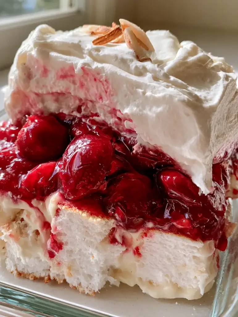 Side view of the Heaven On Earth Cake layers under natural daylight, emphasizing the glossy cherry filling.