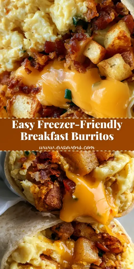 A handheld cross-section of Freezer Breakfast Burritos showing layers of fluffy eggs, crispy bacon, and melted cheese wrapped in parchment.