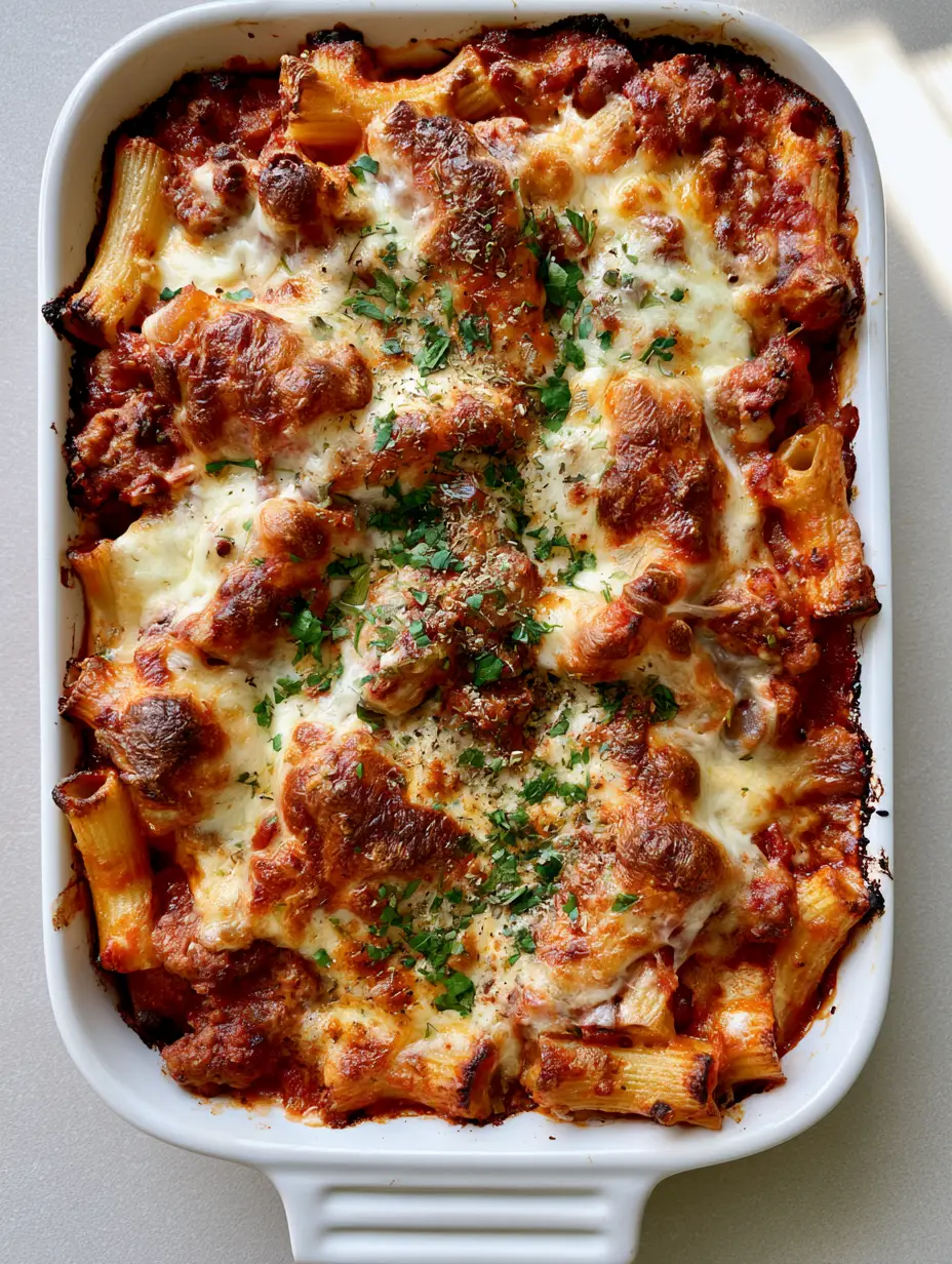 Baked Ziti with Italian Sausage showing tubular noodles and thick chunky tomato sauce with browned sausage morsels.