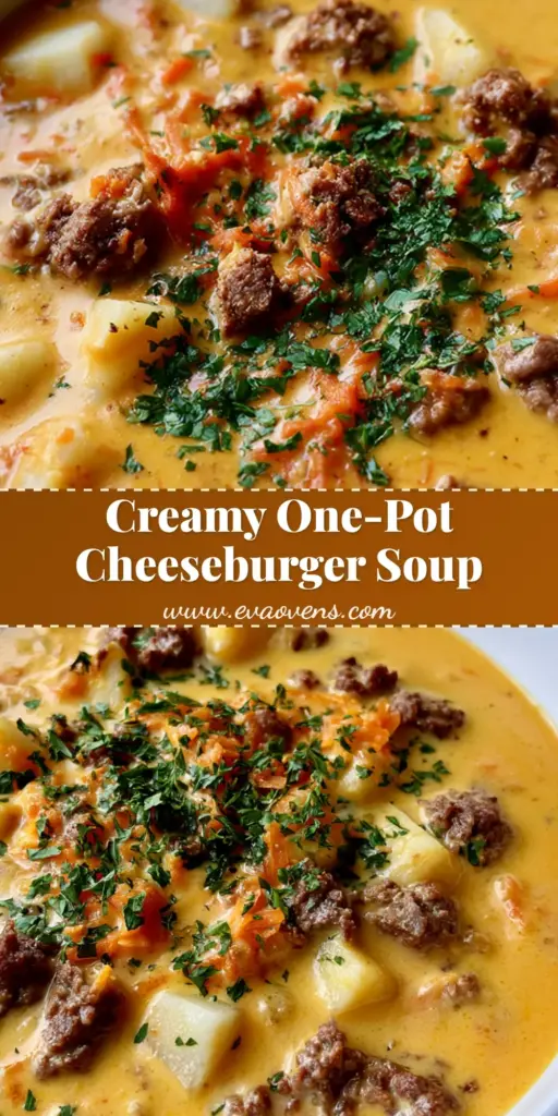 A tall Pinterest pin image showing a creamy bowl of Cheeseburger Soup Recipe with beef crumbles, potatoes, and fresh parsley garnish.