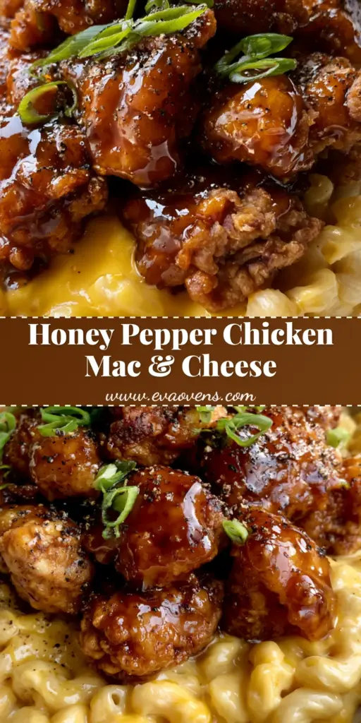 Honey Pepper Chicken Mac and Cheese: The Ultimate Sweet and Spicy Comfort 4 A close-up vertical shot of Honey Pepper Chicken Mac and Cheese featuring corkscrew pasta and glossy glazed chicken with black pepper specks.