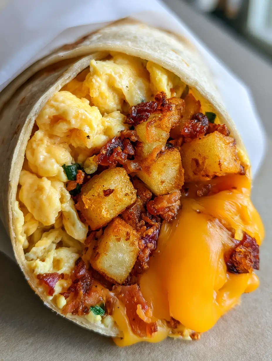 A close-up of a breakfast burrito featuring golden-brown cubed hash browns and thick melted orange cheddar cheese.