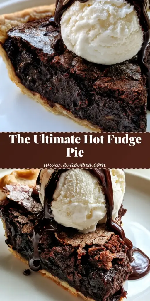 Hot Fudge Pie: The Ultimate Gooey Dark Chocolate Dessert 4 A single slice of Hot Fudge Pie with a dense chocolate filling, crackled top, and vanilla ice cream with chocolate drizzle on a white plate.