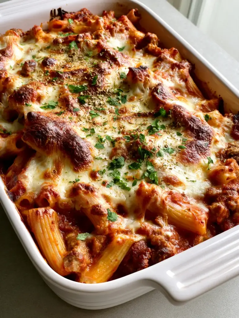 A top-down view of Baked Ziti with Italian Sausage with charred cheese edges and a light garnish of dried oregano and parsley.