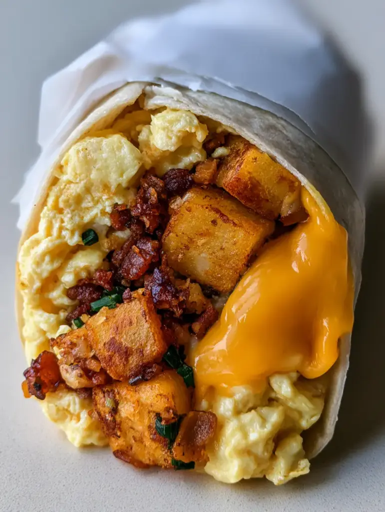 Vertical shot of a Freezer Breakfast Burrito showing fluffy yellow eggs and green chives wrapped in white parchment.