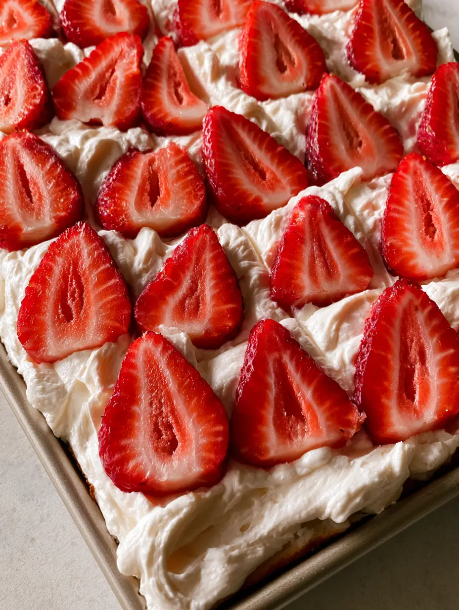 Authentic smartphone photo of a homemade Strawberry Shortcake Sheet Cake cut into squares.