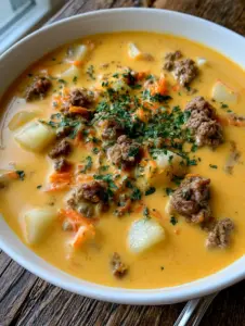 A close-up shot of the Cheeseburger Soup Recipe in a white bowl, highlighting the golden cheese broth and tender potato cubes.