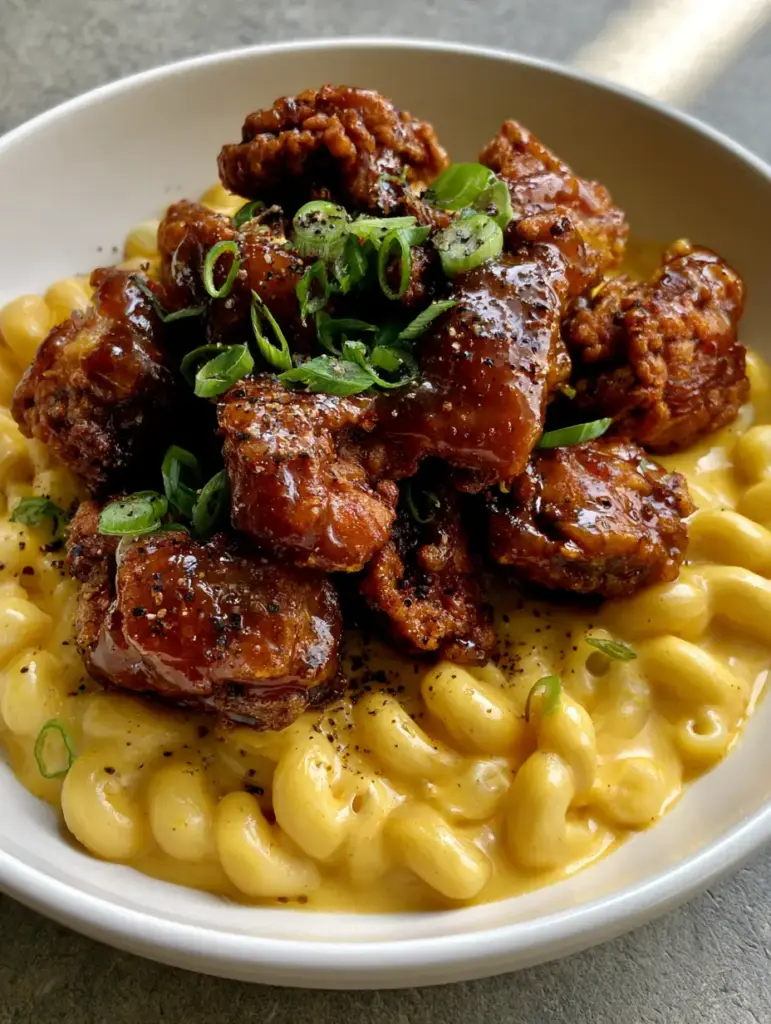 A shallow white ceramic bowl with Honey Pepper Chicken Mac and Cheese, featuring glossy amber chicken chunks and green scallions.