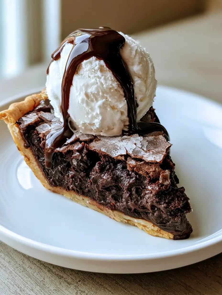 Hot Fudge Pie: The Ultimate Gooey Dark Chocolate Dessert 3 Close up of Hot Fudge Pie slice showing the flaky golden-brown crust and gooey dark chocolate center.