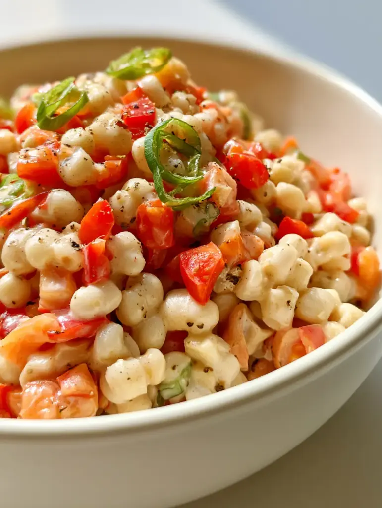 Shoepeg Corn Salad: The Best Creamy & Crunchy Summer Side Recipe 1 Side view of Shoepeg Corn Salad highlighting the diced red bell peppers and fresh green onions mixed with white corn.