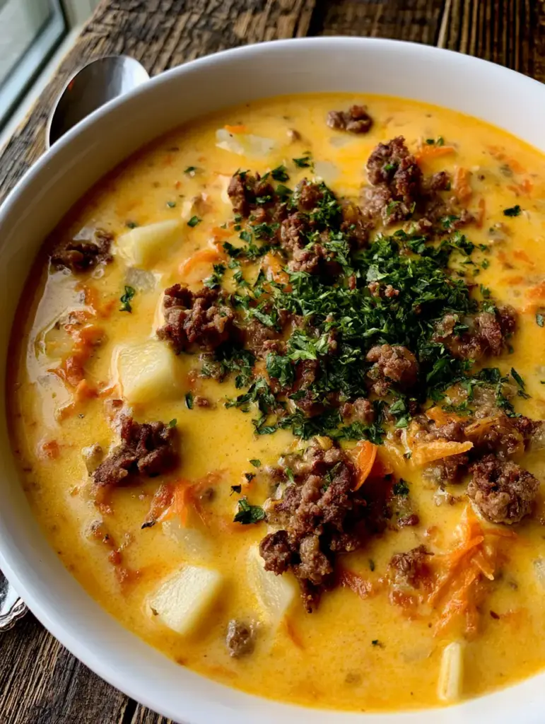 High-angle view of Cheeseburger Soup Recipe showing the rich texture of browned beef and shredded carrots.