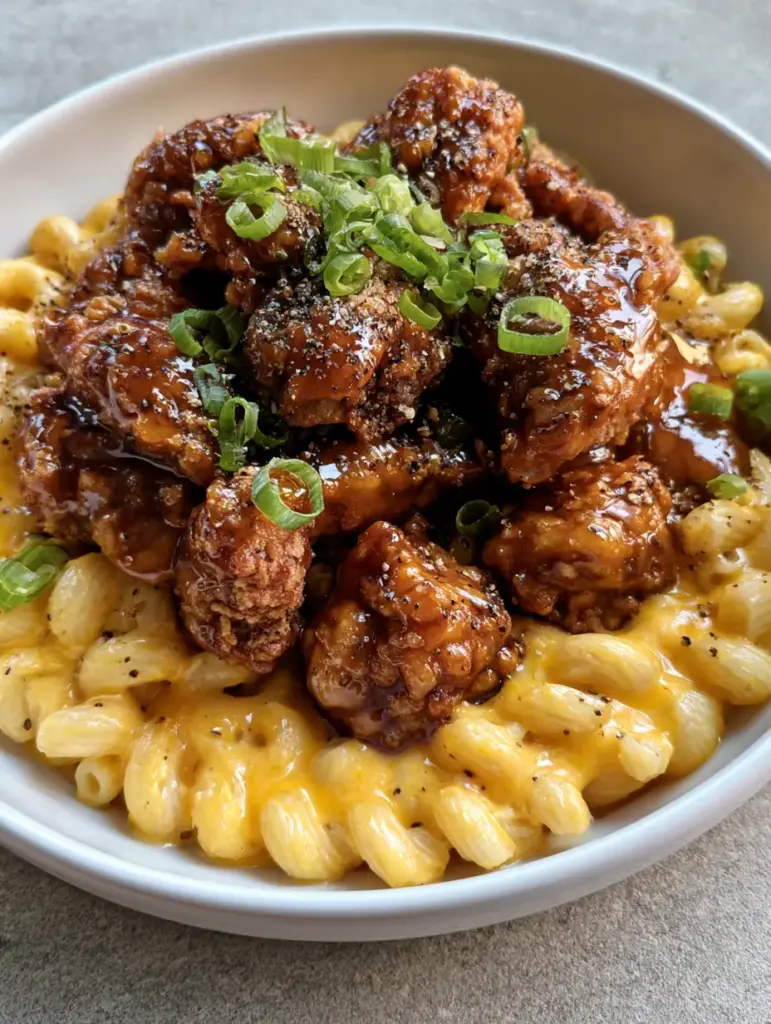 Honey Pepper Chicken Mac and Cheese: The Ultimate Sweet and Spicy Comfort 1 Close up of Honey Pepper Chicken Mac and Cheese highlighting the coarse cracked black pepper and yellow cheddar sauce.