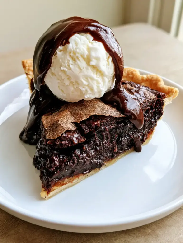 Hot Fudge Pie: The Ultimate Gooey Dark Chocolate Dessert 1 Hot Fudge Pie slice topped with a perfect scoop of vanilla ice cream and glossy chocolate syrup drizzle.