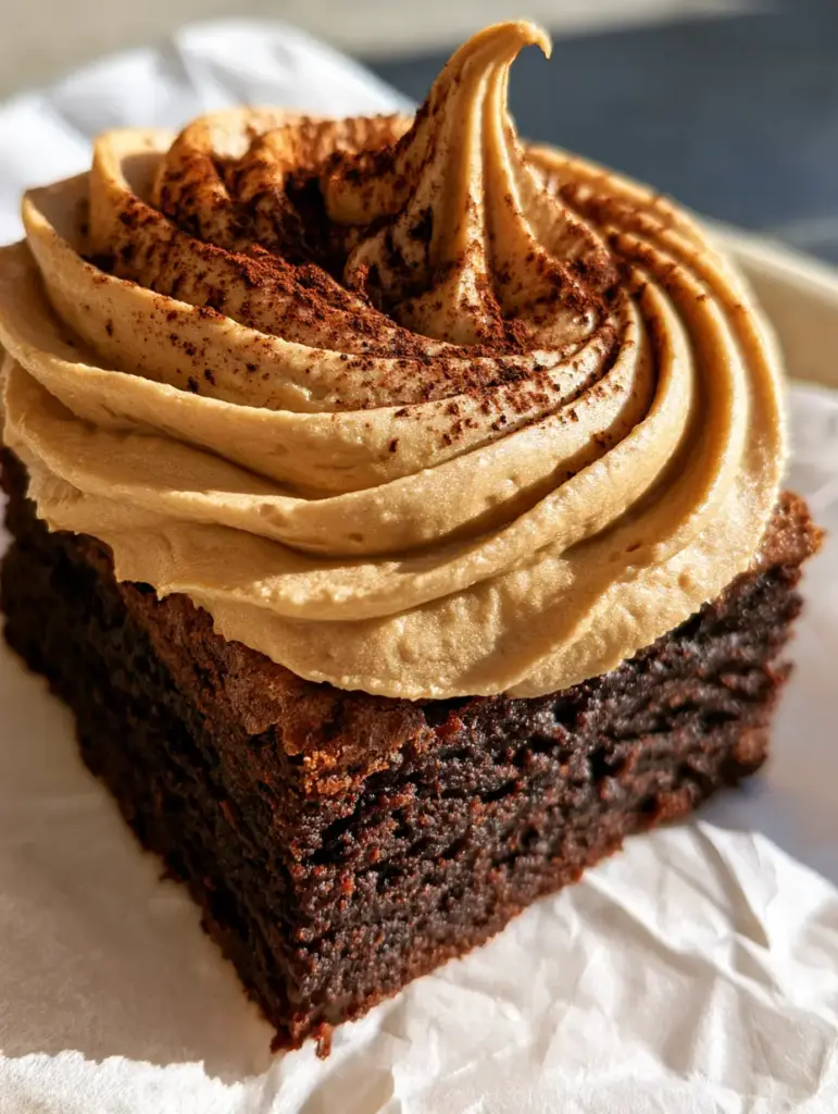 Home 6 Close up shot of a Mocha Brownie showing the dark, dense crumb and light tan frosting peaks. (Mocha Brownies)