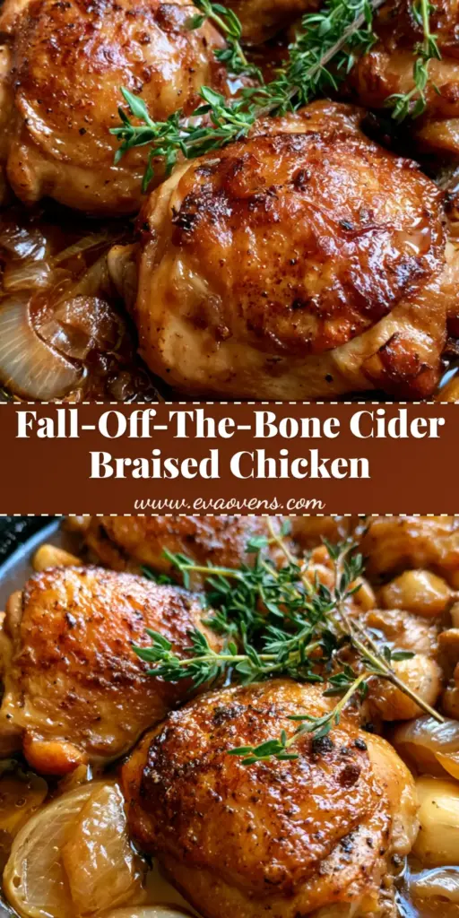 A top-down view of Apple Cider Vinegar Braised Chicken in a cast iron skillet with crispy skin, caramelized onions, and fresh thyme.