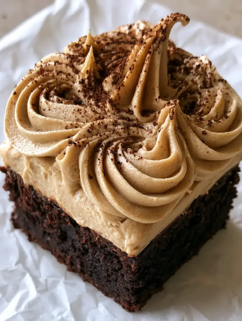 Mocha Brownies with Swirled Espresso Buttercream Frosting 1 Overhead view of decorative mocha buttercream swirls dusted with dark espresso powder.