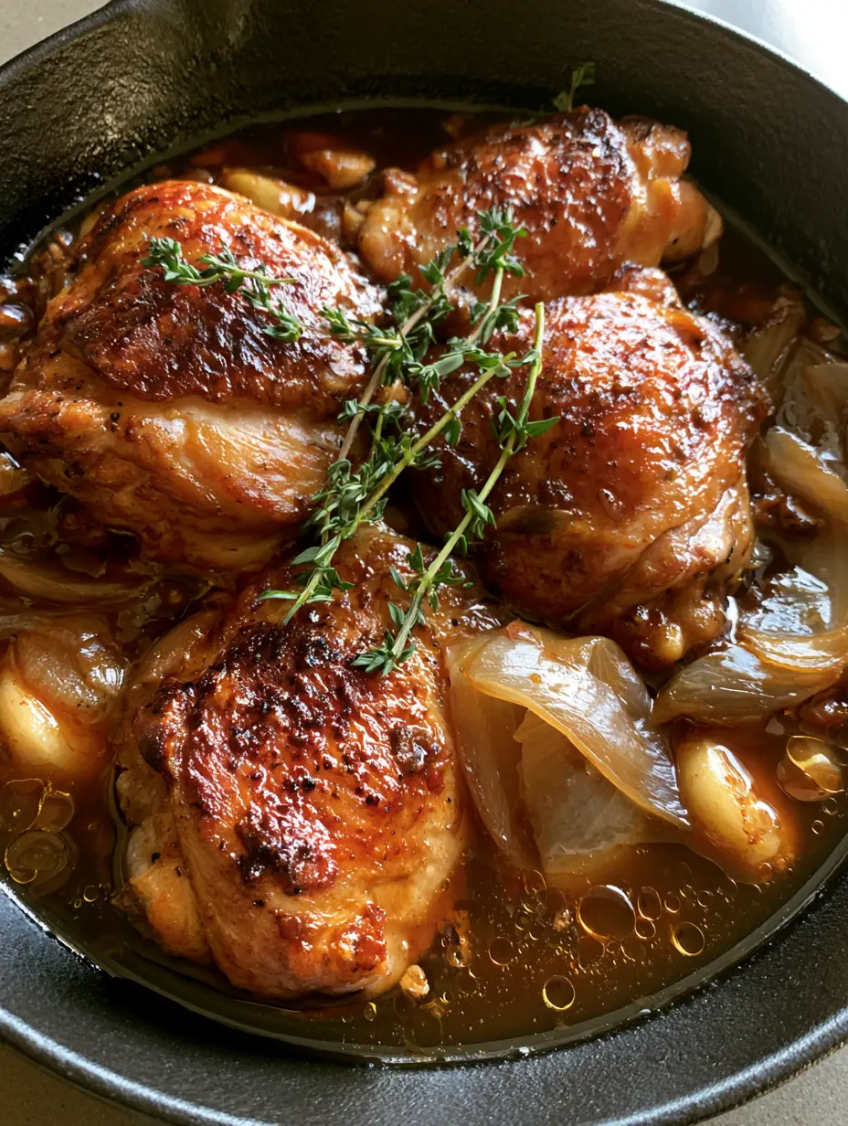 Close-up of crispy skin-on chicken thighs in a dark amber apple cider vinegar sauce with caramelized onions.
