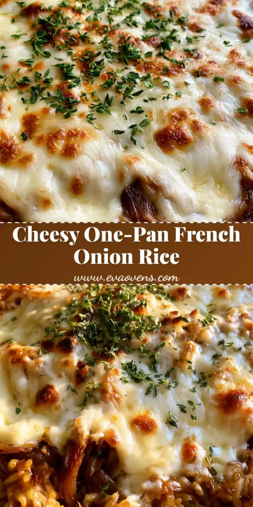 A smartphone photo of French Onion Rice in a cast iron skillet featuring golden rice, melted bubbly Gruyere cheese, and fresh thyme.