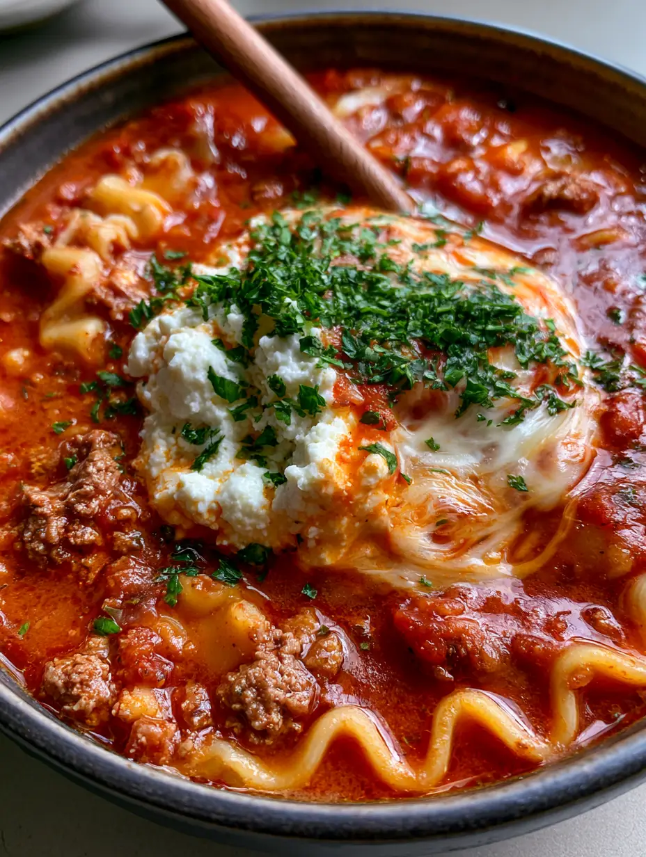 Easy Lasagna Soup: A One-Pot 30-Minute Dinner Dream 3 Smartphone photo of a hearty bowl of Easy Lasagna Soup featuring thick red tomato broth and melted mozzarella.