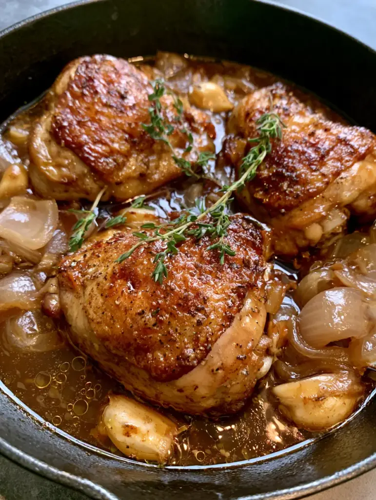 Rustic cast iron skillet featuring Apple Cider Vinegar Braised Chicken with whole garlic cloves and fresh thyme.