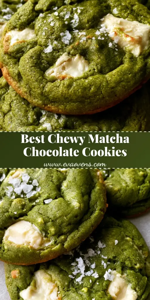 Matcha White Chocolate Cookies with Brown Butter and Sea Salt 3 A stack of thick soft-baked Matcha White Chocolate Cookies with visible melted white chocolate chunks and a sprinkle of flaky sea salt on parchment paper. (Matcha White Chocolate Cookies)