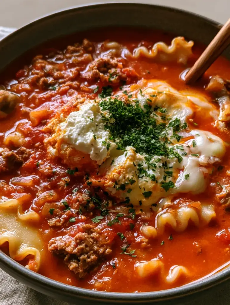 Easy Lasagna Soup: A One-Pot 30-Minute Dinner Dream 1 Close up of Easy Lasagna Soup showing wavy tender broken noodles and browned beef crumbles.
