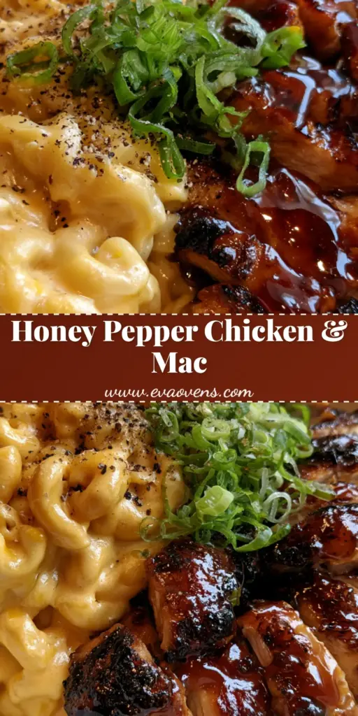 Honey Pepper Chicken and Macaroni Cheese: The Ultimate Sweet & Spicy Comfort Food 4 A shallow white bowl featuring golden-yellow elbow macaroni and cheese on the left and sliced honey pepper glazed chicken with charred edges on the right. (Honey Pepper Chicken and Macaroni Cheese)