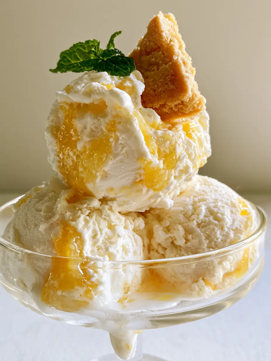 Two scoops of white Lemon Curd Ice Cream with vibrant yellow streaks and a mint sprig garnish.