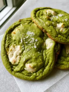 Eye-level close-up of vibrant green matcha cookies with semi-melted white chocolate chunks and slightly browned edges. (Matcha White Chocolate Cookies)
