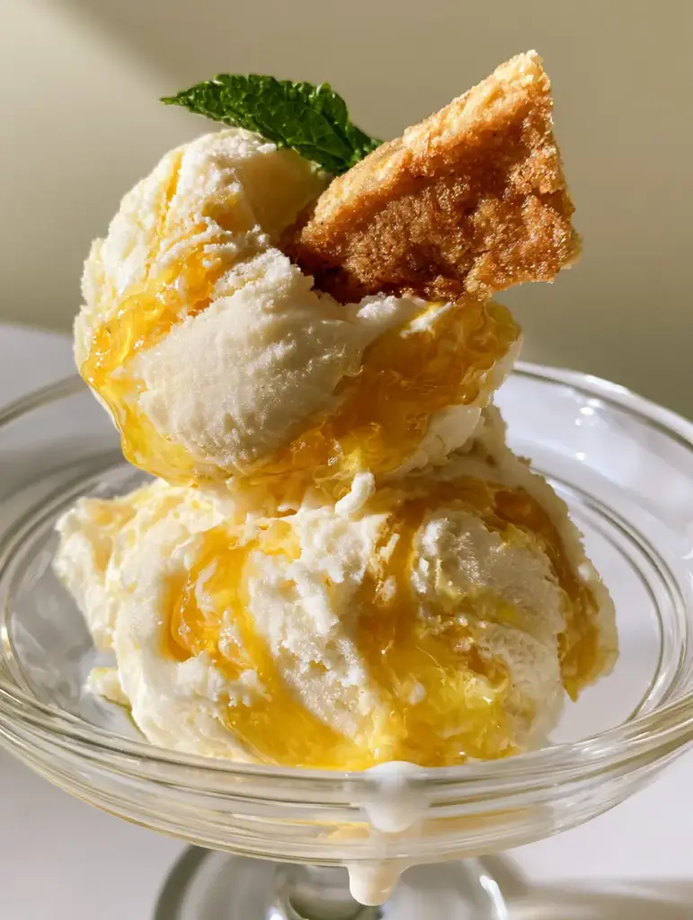 Handheld smartphone photo of dense Lemon Curd Ice Cream with a buttery shortbread cookie crust piece.