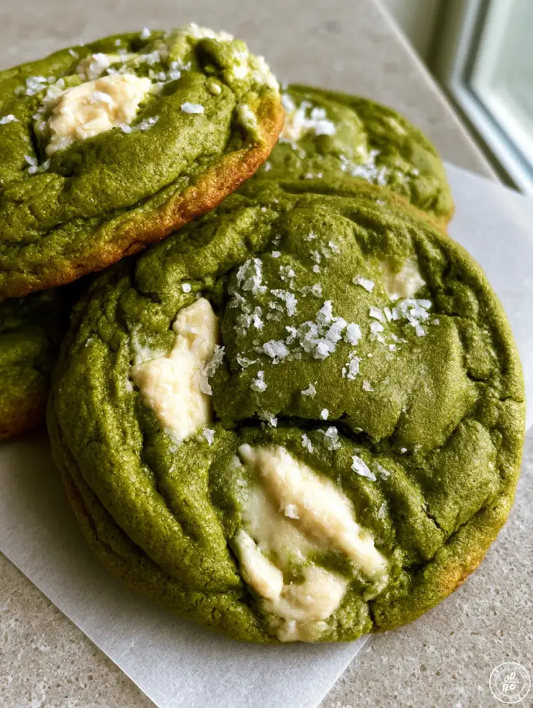 Matcha White Chocolate Cookies with Brown Butter and Sea Salt 1 Detailed shot of soft-baked matcha cookies showing the contrast between the green tea powder and the melted white chocolate.
