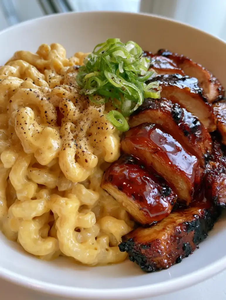 Honey Pepper Chicken and Macaroni Cheese: The Ultimate Sweet & Spicy Comfort Food 1 A handheld shot of Honey Pepper Chicken and Macaroni Cheese with charred caramelized chicken edges and cracked black pepper.
