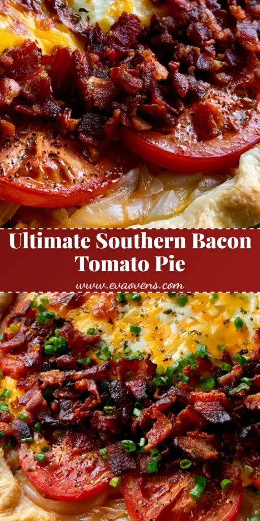 A close-up, high-angle photo of a Southern Tomato Pie with Bacon in a glass dish, featuring a bubbly charred cheese topping and fresh scallions.