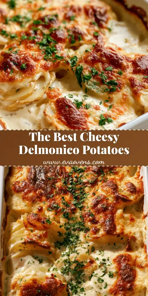 Delmonico Potatoes: The Ultimate Creamy Cheese-Crusted Casserole 3 A top-down view of a white ceramic dish filled with cheesy Delmonico Potatoes, featuring a golden-brown bubbly crust and green parsley garnish.