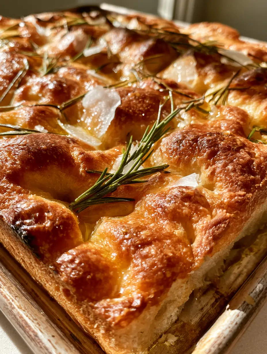 Close-up of golden-brown Same Day Focaccia Bread showing airy texture and crisp toasted edges.