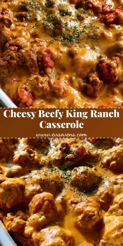 Beefy King Ranch Casserole: The Ultimate Cheesy Ground Beef Dinner 4 A close-up vertical shot of Beefy King Ranch Casserole in a white dish, showing molten orange Velveeta cheese, ground beef crumbles, and green parsley flakes.
