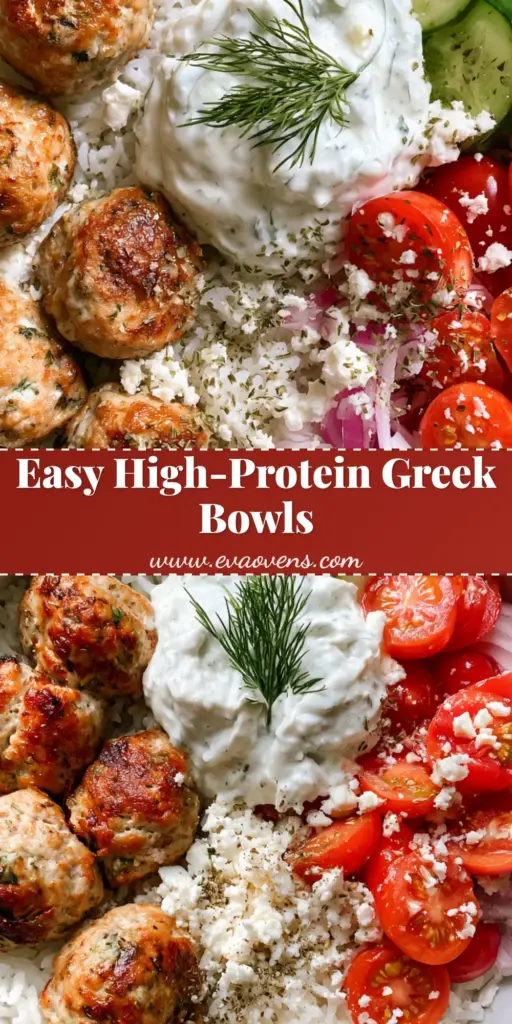 A top-down view of Greek Turkey Meatball Bowls featuring seared meatballs, fluffy rice, fresh cucumbers, and cherry tomatoes in a white bowl. (Greek Turkey Meatball Bowls)