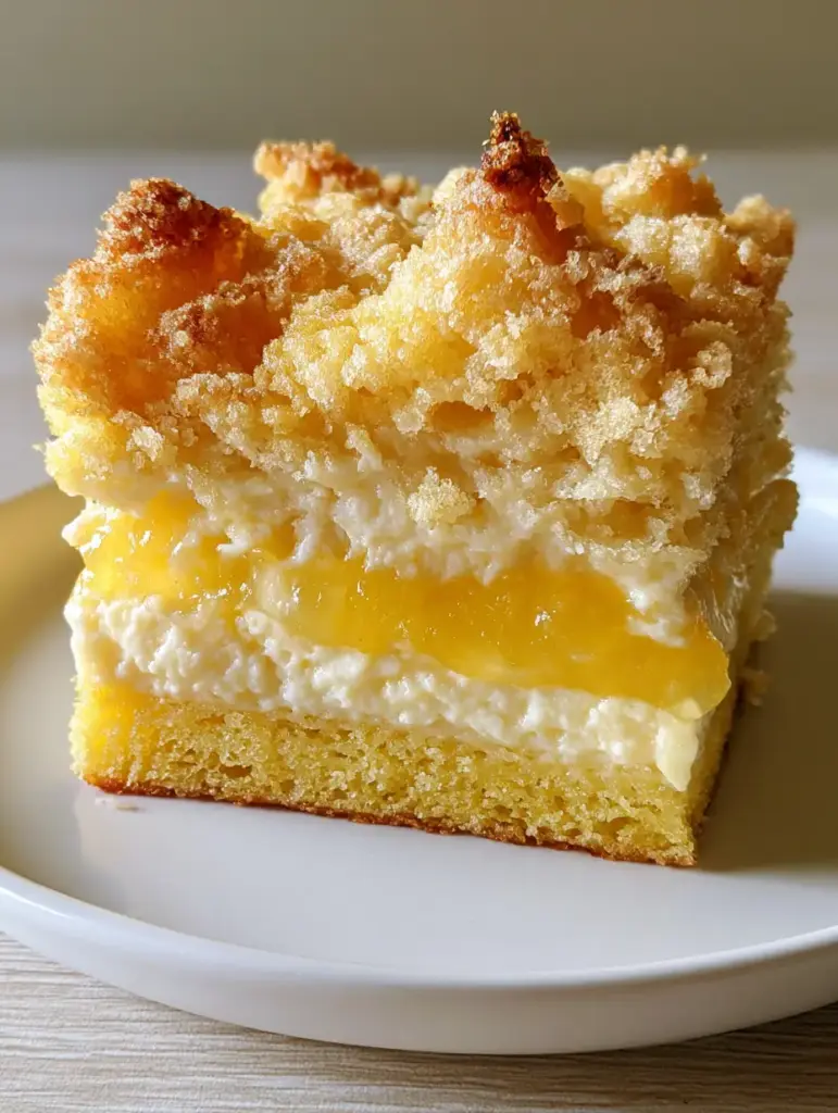 Handheld smartphone photo of Lemon Cream Cheese Dump Cake on a white plate, highlighting the golden-brown buttery cake crumble.