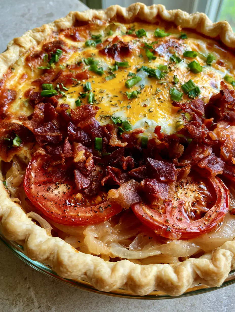 Close-up of a slice of Southern Tomato Pie with Bacon showing layers of caramelized onions, red tomatoes, and crispy bacon.