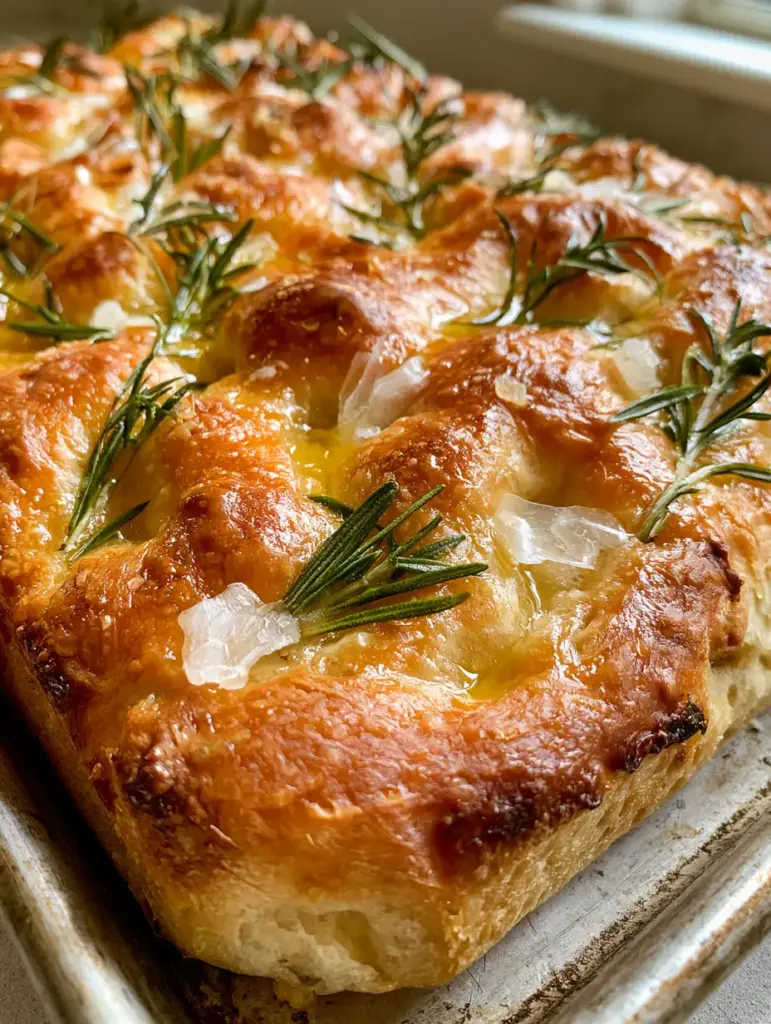 Overhead view of Same Day Focaccia Bread with glossy olive oil dimples and fresh rosemary.