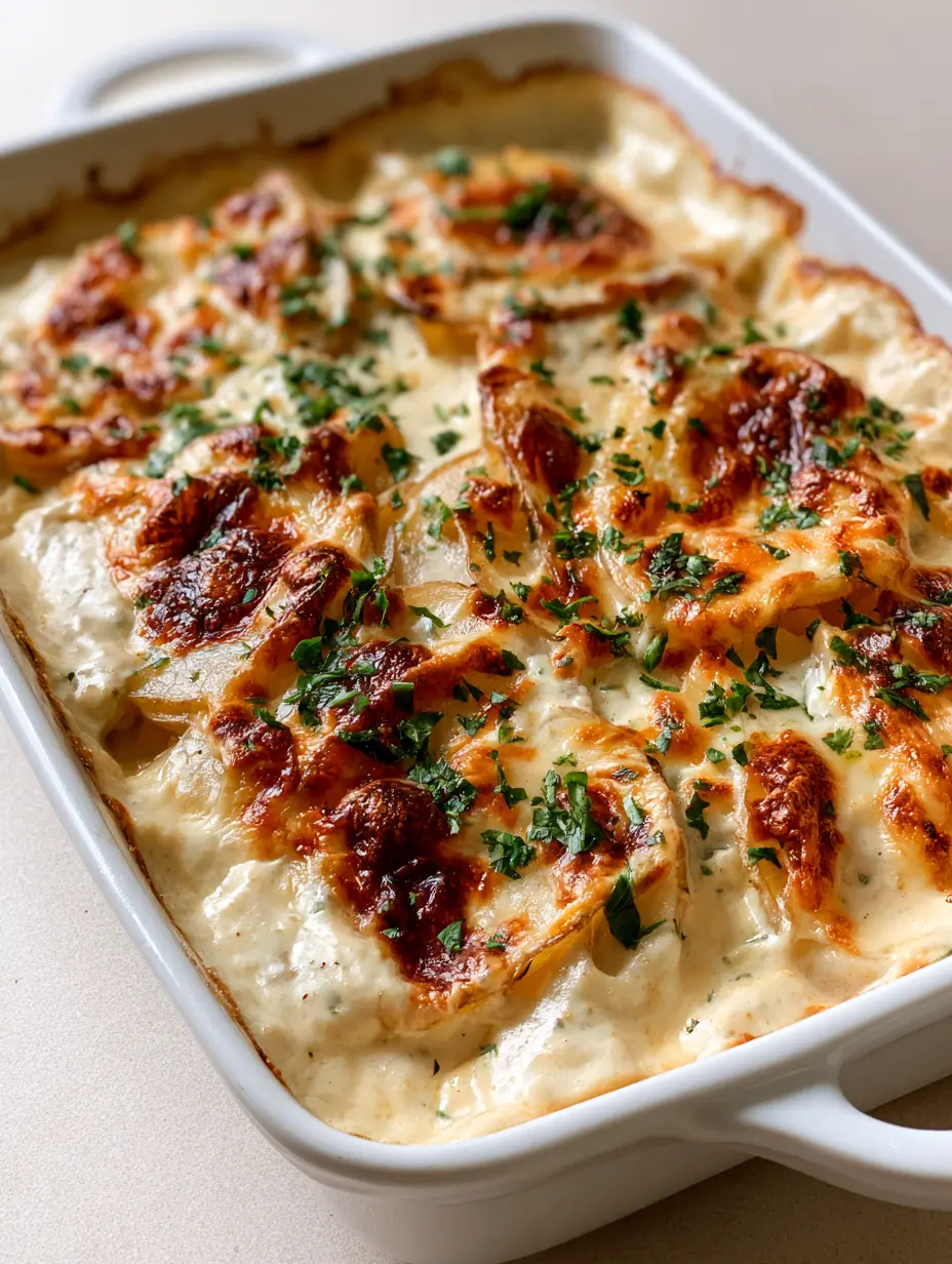 Delmonico Potatoes: The Ultimate Creamy Cheese-Crusted Casserole 4 Close up of layered Delmonico Potatoes in a white rectangular ceramic dish showing the thick creamy sauce and melted cheese.