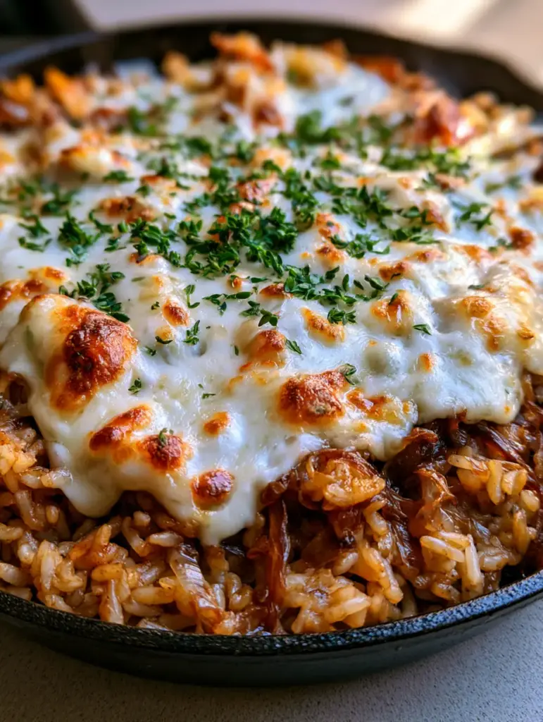 Melted bubbly Gruyere cheese with charred spots over French Onion Rice in a skillet.